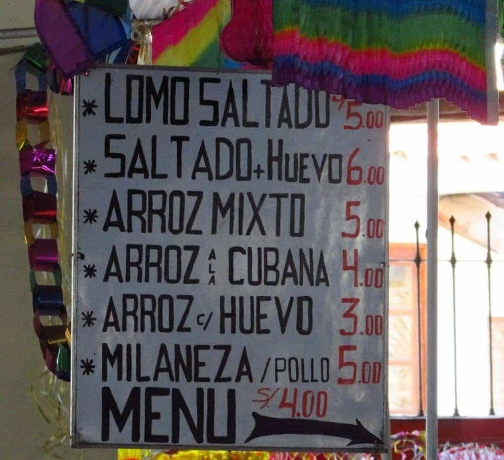 Menu Mercado San Pedro Cusco